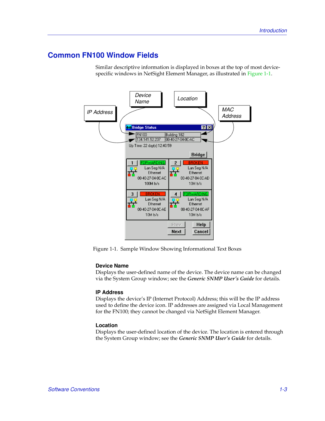 Enterasys Networks FN 100 manual Common FN100 Window Fields, Device Name, IP Address, Location 