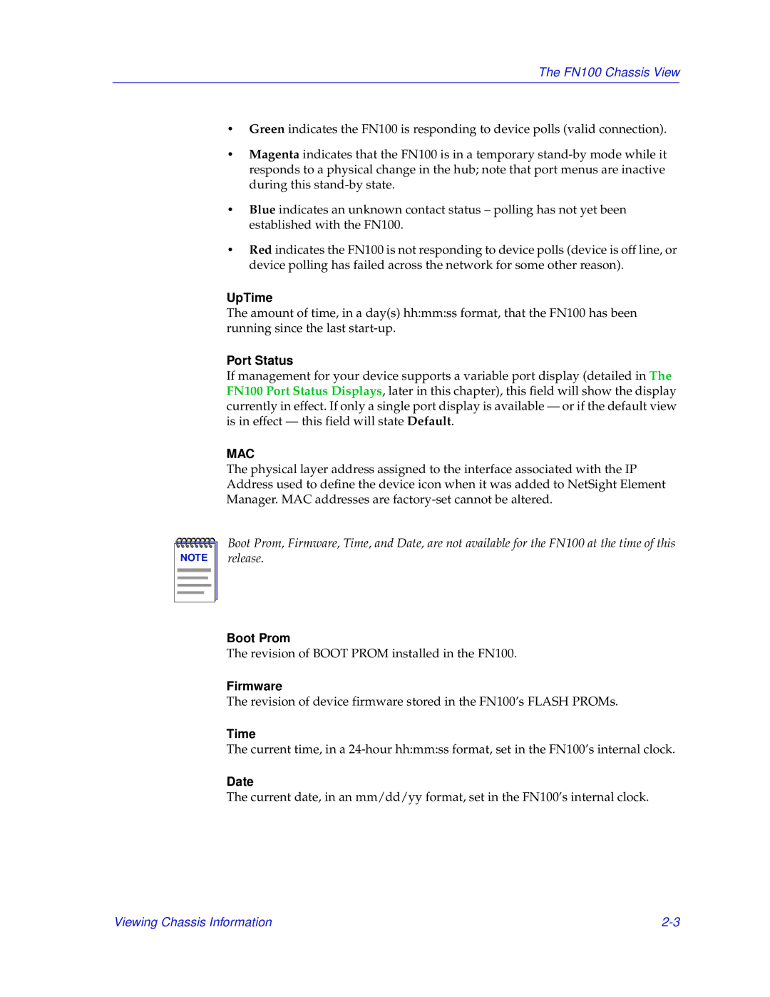 Enterasys Networks FN 100 manual Port Status, Boot Prom, Firmware, Time, Date 