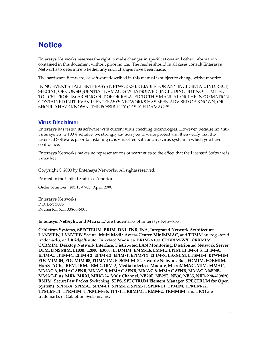 Enterasys Networks FN 100 manual Virus Disclaimer 