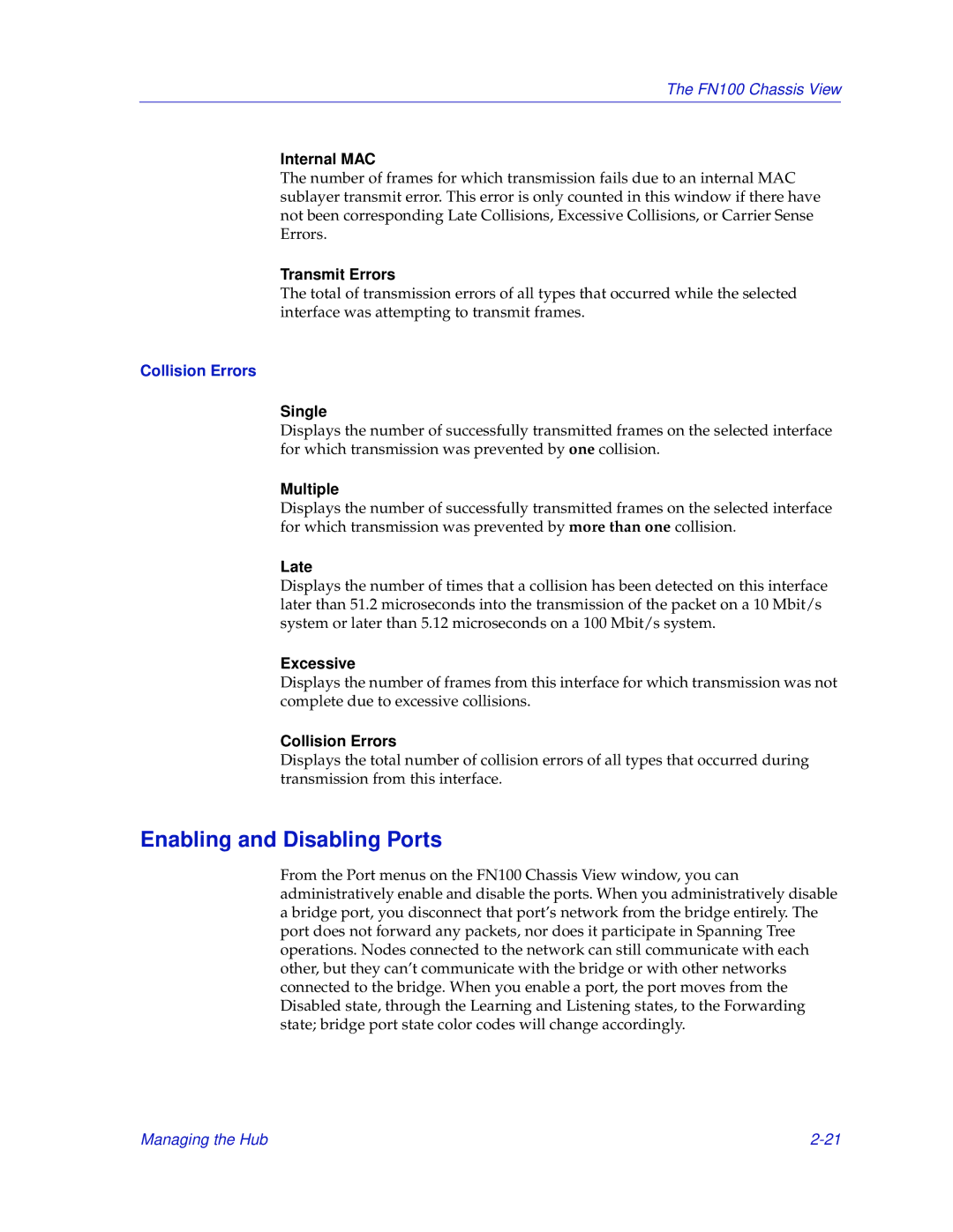 Enterasys Networks FN 100 manual Enabling and Disabling Ports, Collision Errors 