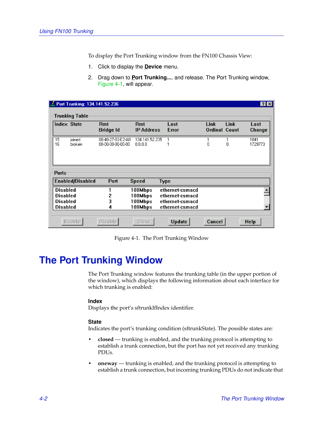 Enterasys Networks FN 100 manual Port Trunking Window, State 