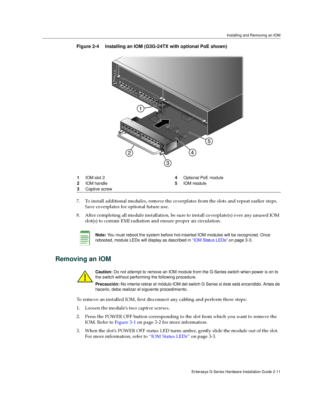 Enterasys Networks G3G170-24, G3G124-24P manual Removing an IOM, IOM slot, IOM handle IOM module 