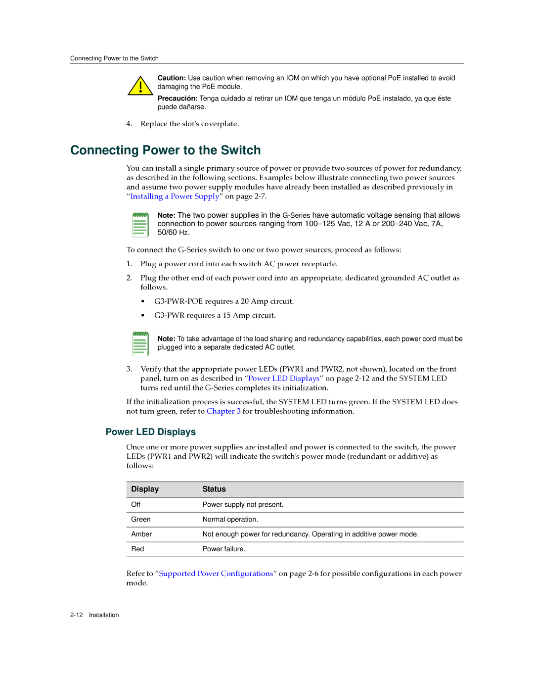 Enterasys Networks G3G124-24P, G3G170-24 manual Connecting Power to the Switch, Display Status 