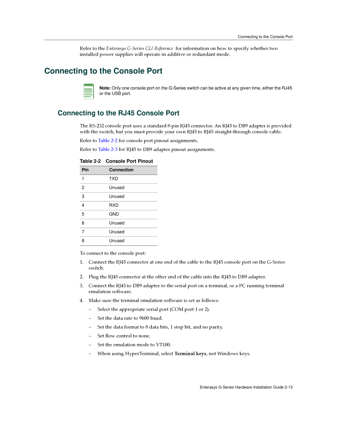 Enterasys Networks G3G124-24 Connecting to the Console Port, Connecting to the RJ45 Console Port, Console Port Pinout 