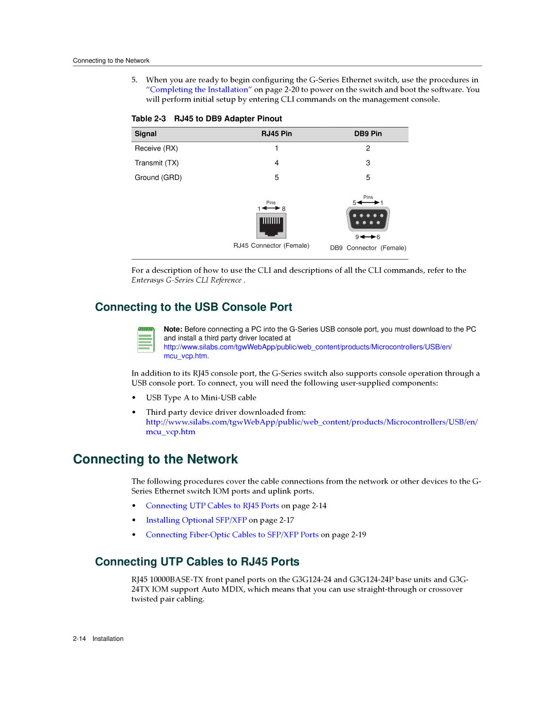 Enterasys Networks G3G170-24 Connecting to the Network, Connecting to the USB Console Port, RJ45 to DB9 Adapter Pinout 