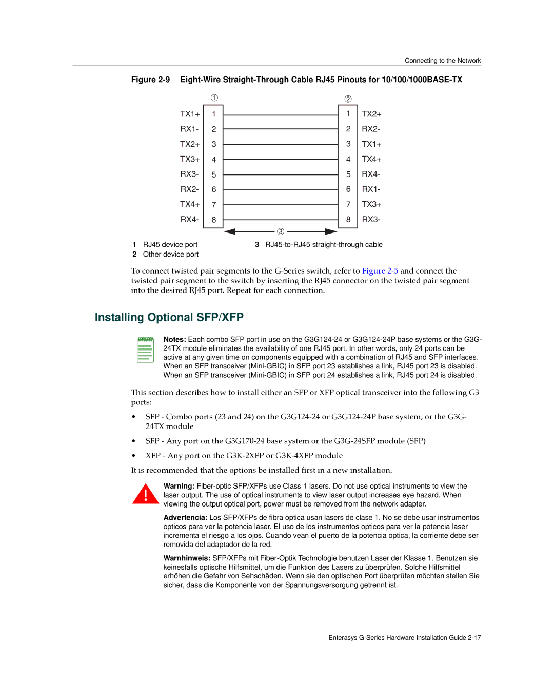 Enterasys Networks G3G170-24, G3G124-24P manual Installing Optional SFP/XFP 