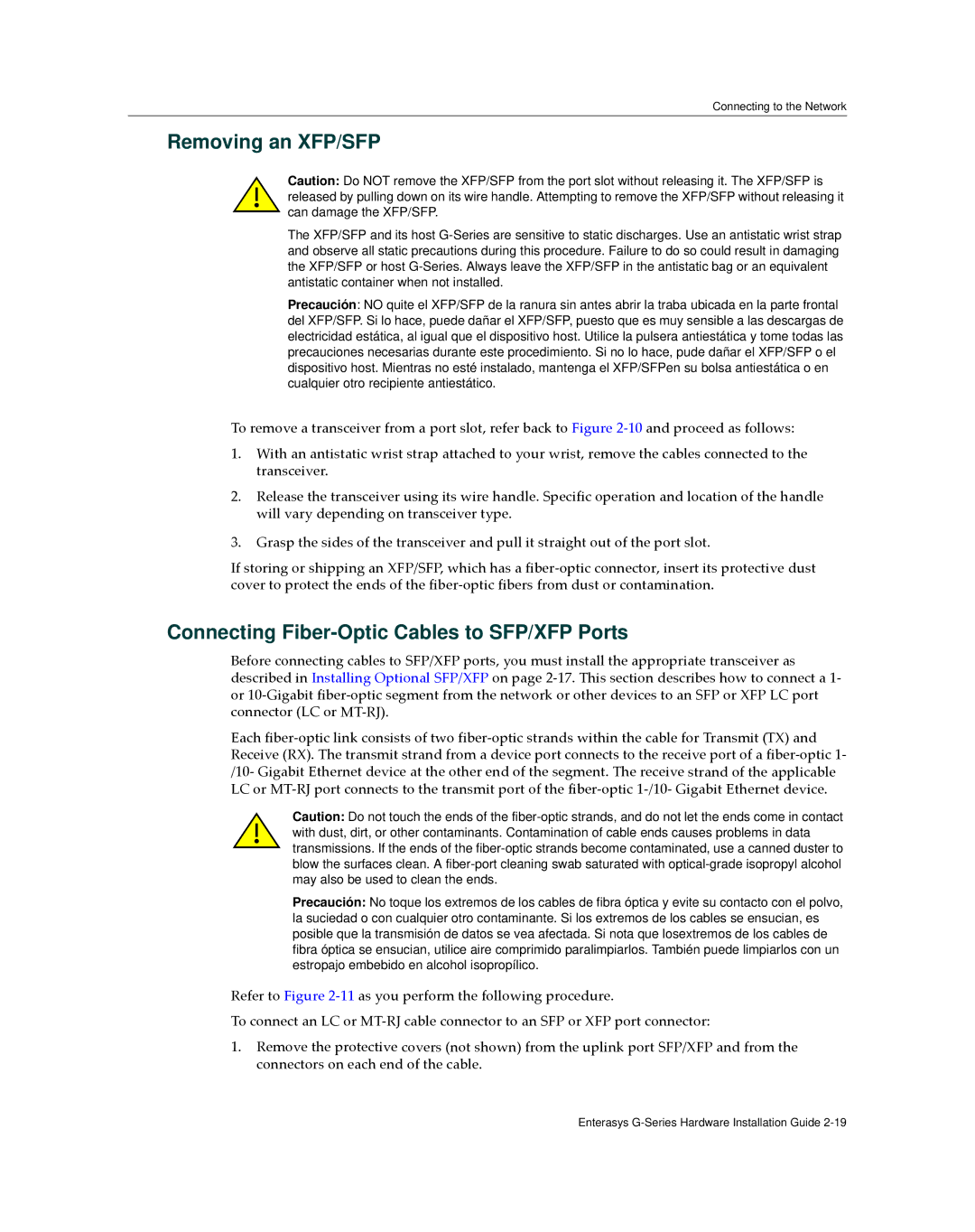 Enterasys Networks G3G170-24, G3G124-24P manual Removing an XFP/SFP, Connecting Fiber-Optic Cables to SFP/XFP Ports 