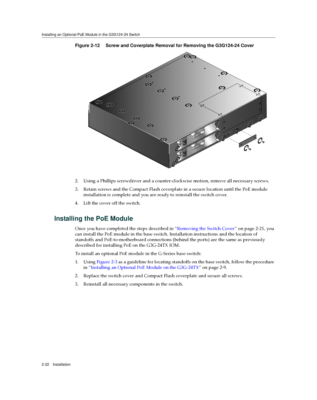 Enterasys Networks G3G170-24, G3G124-24P manual Installing the PoE Module 