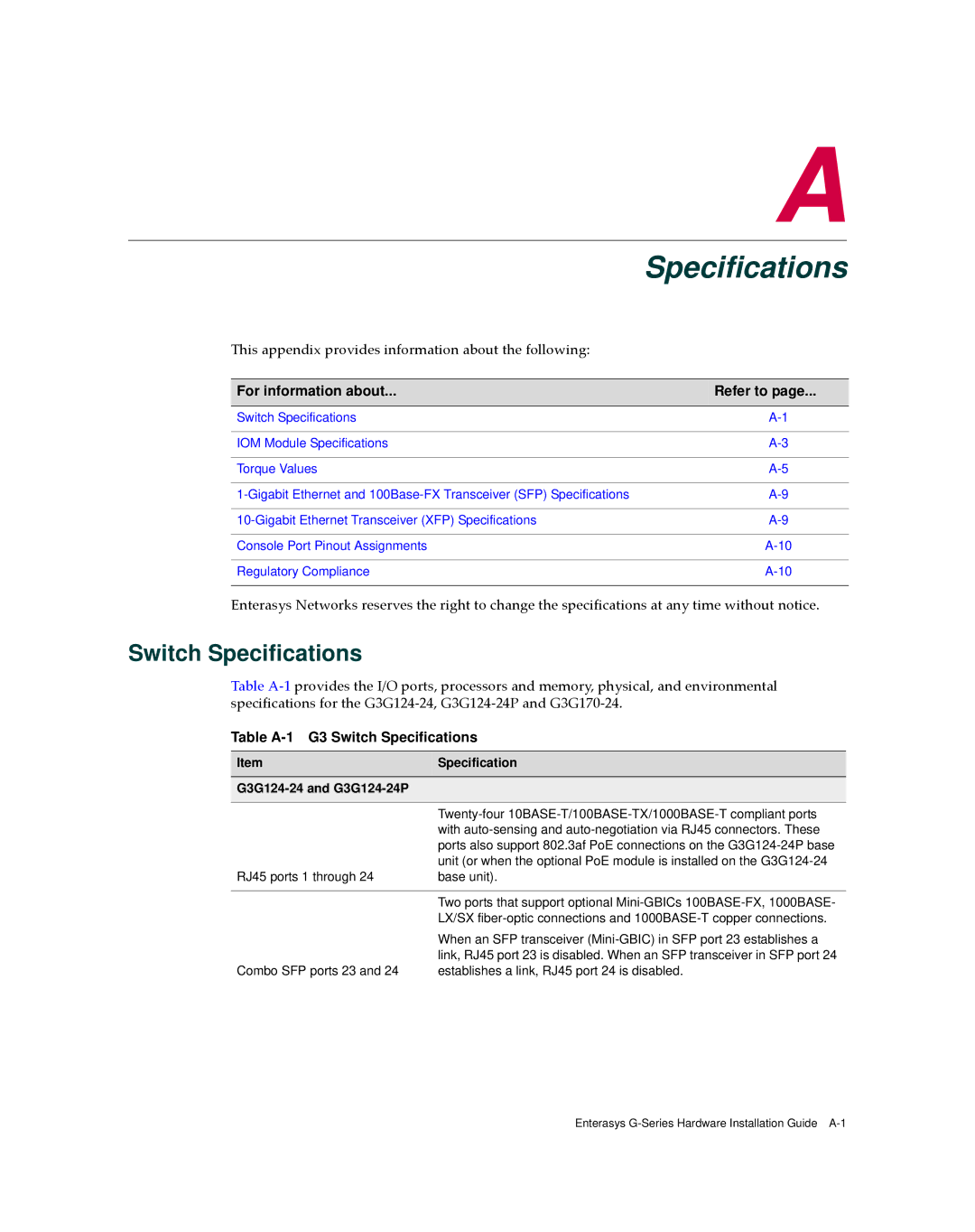 Enterasys Networks G3G170-24 manual Table A-1 G3 Switch Specifications, G3G124-24 and G3G124-24P 