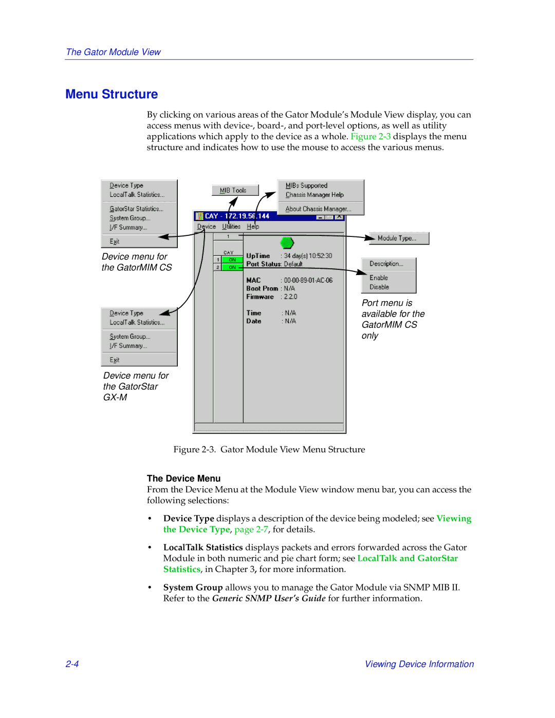 Enterasys Networks GatorMIM and GatorStar manual Menu Structure, Device Menu 