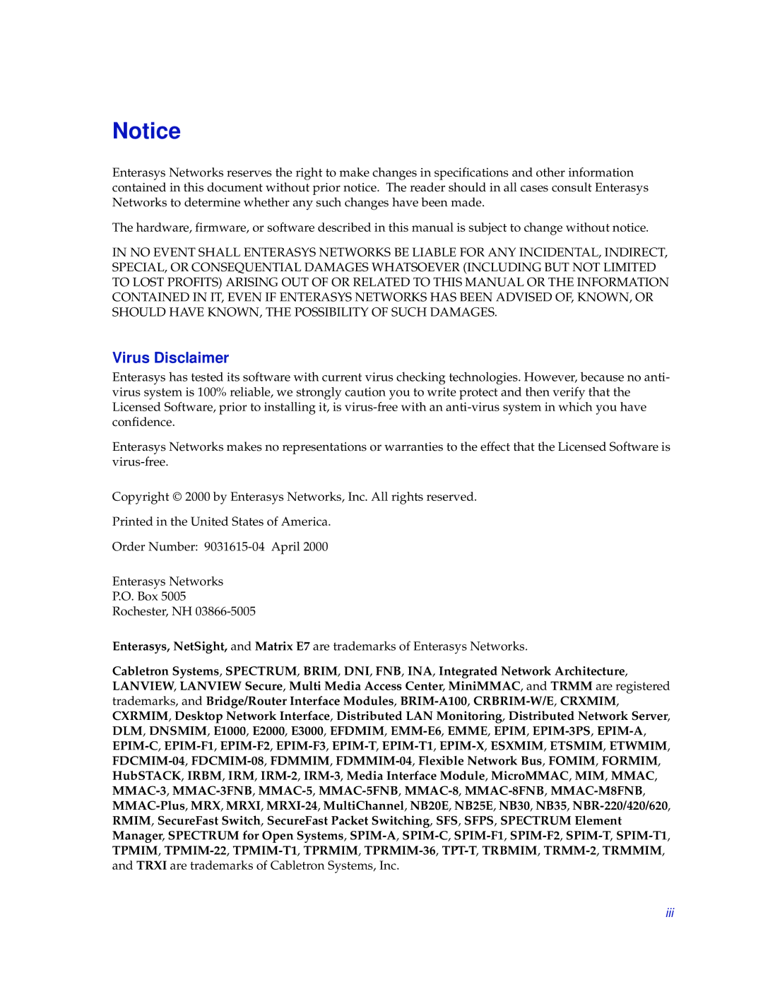 Enterasys Networks GatorMIM and GatorStar manual Virus Disclaimer 