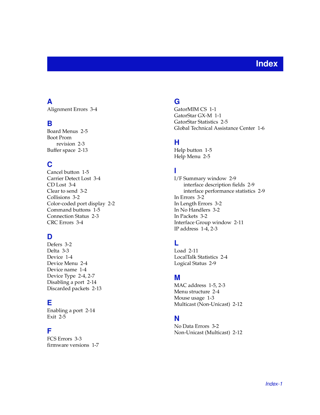 Enterasys Networks GatorMIM and GatorStar manual Index 