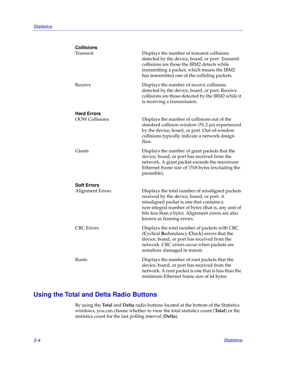 Enterasys Networks IRM2 manual Using the Total and Delta Radio Buttons, Collisions, Hard Errors, Soft Errors 