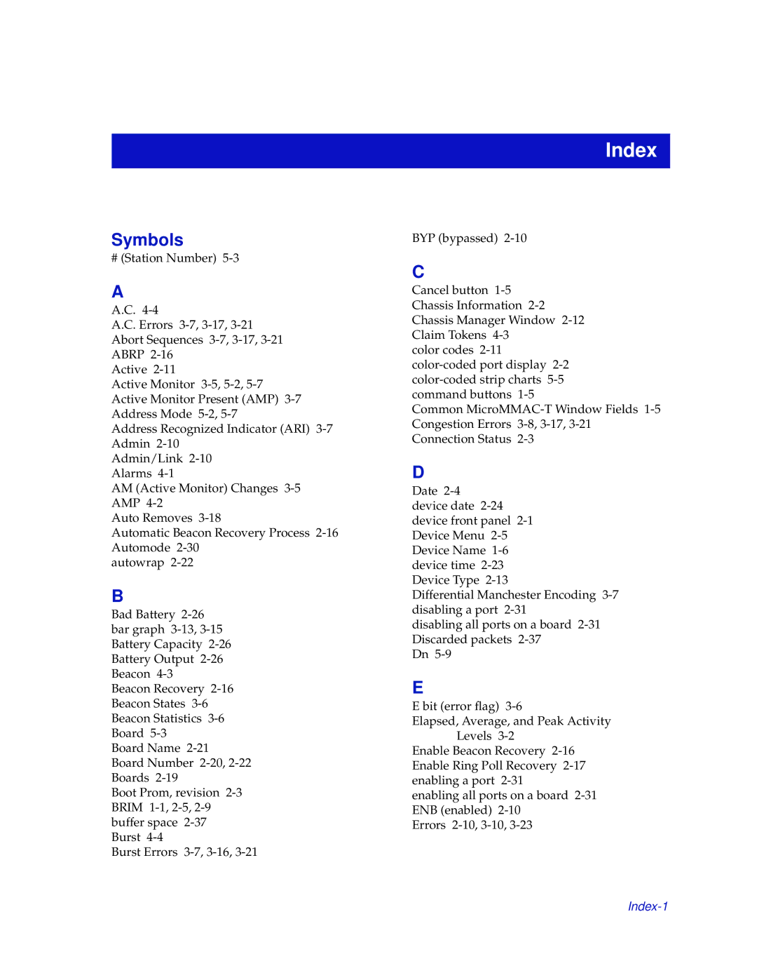 Enterasys Networks MicroMMAC-T manual Index, Symbols 