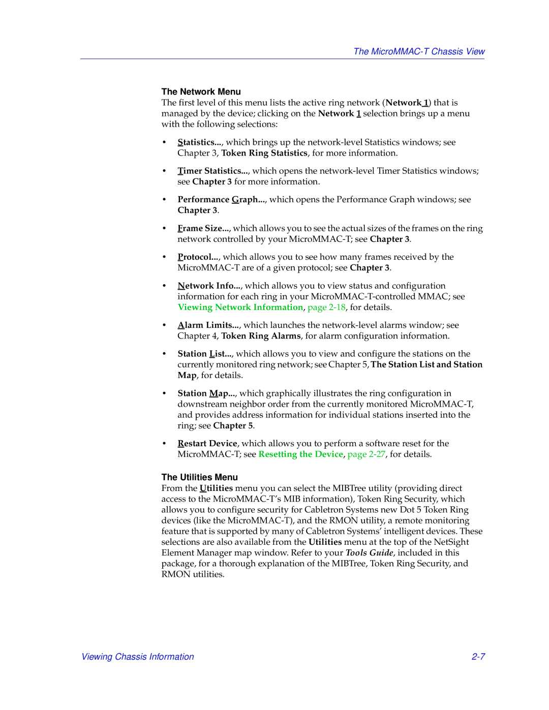 Enterasys Networks MicroMMAC-T manual Network Menu, Utilities Menu 