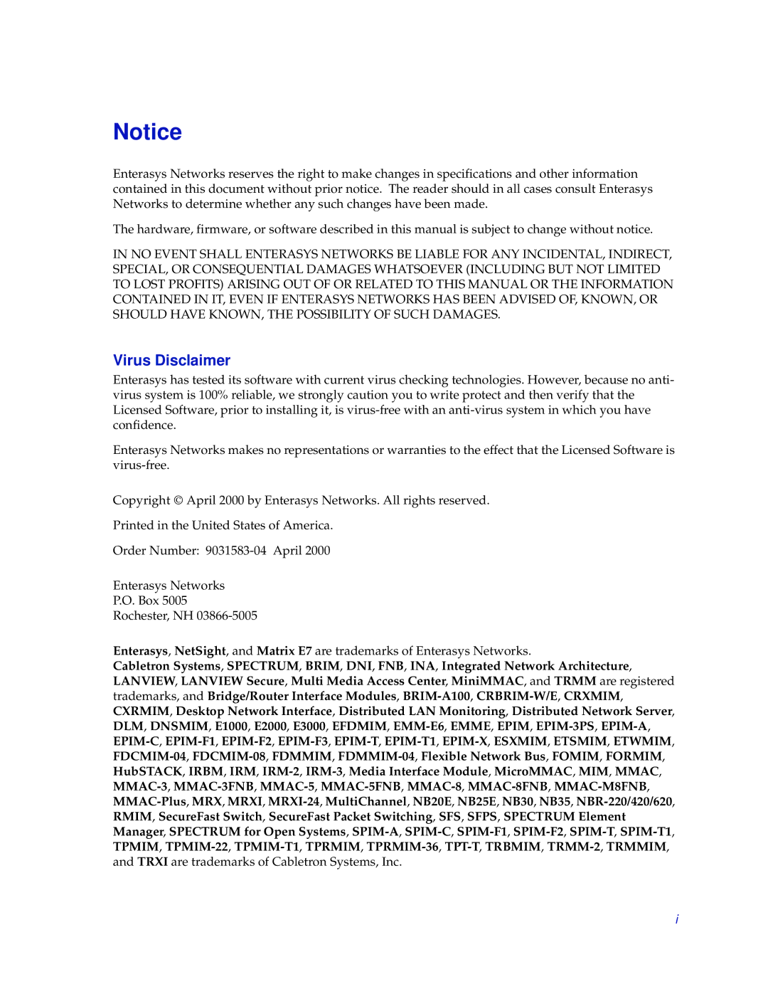 Enterasys Networks MicroMMAC-T manual Virus Disclaimer 