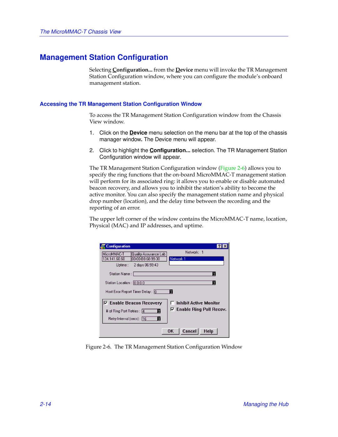 Enterasys Networks MicroMMAC-T manual Accessing the TR Management Station Configuration Window 