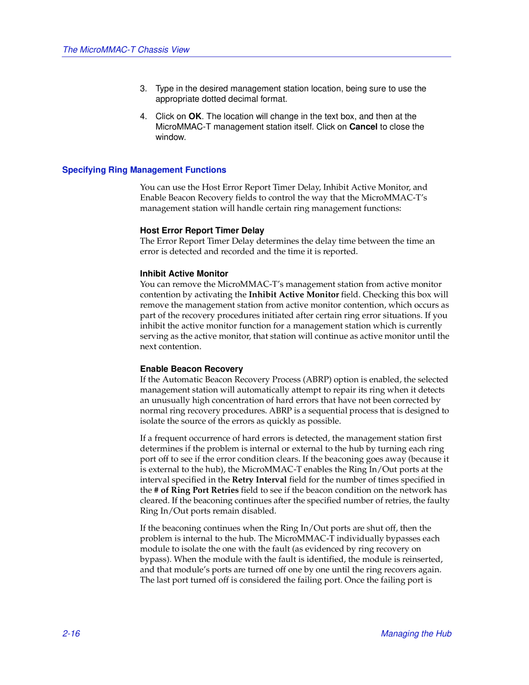 Enterasys Networks MicroMMAC-T Specifying Ring Management Functions, Host Error Report Timer Delay, Inhibit Active Monitor 