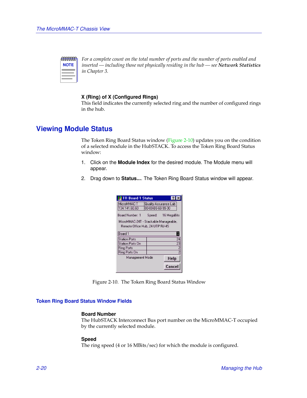 Enterasys Networks MicroMMAC-T Viewing Module Status, Ring of X Configured Rings, Token Ring Board Status Window Fields 