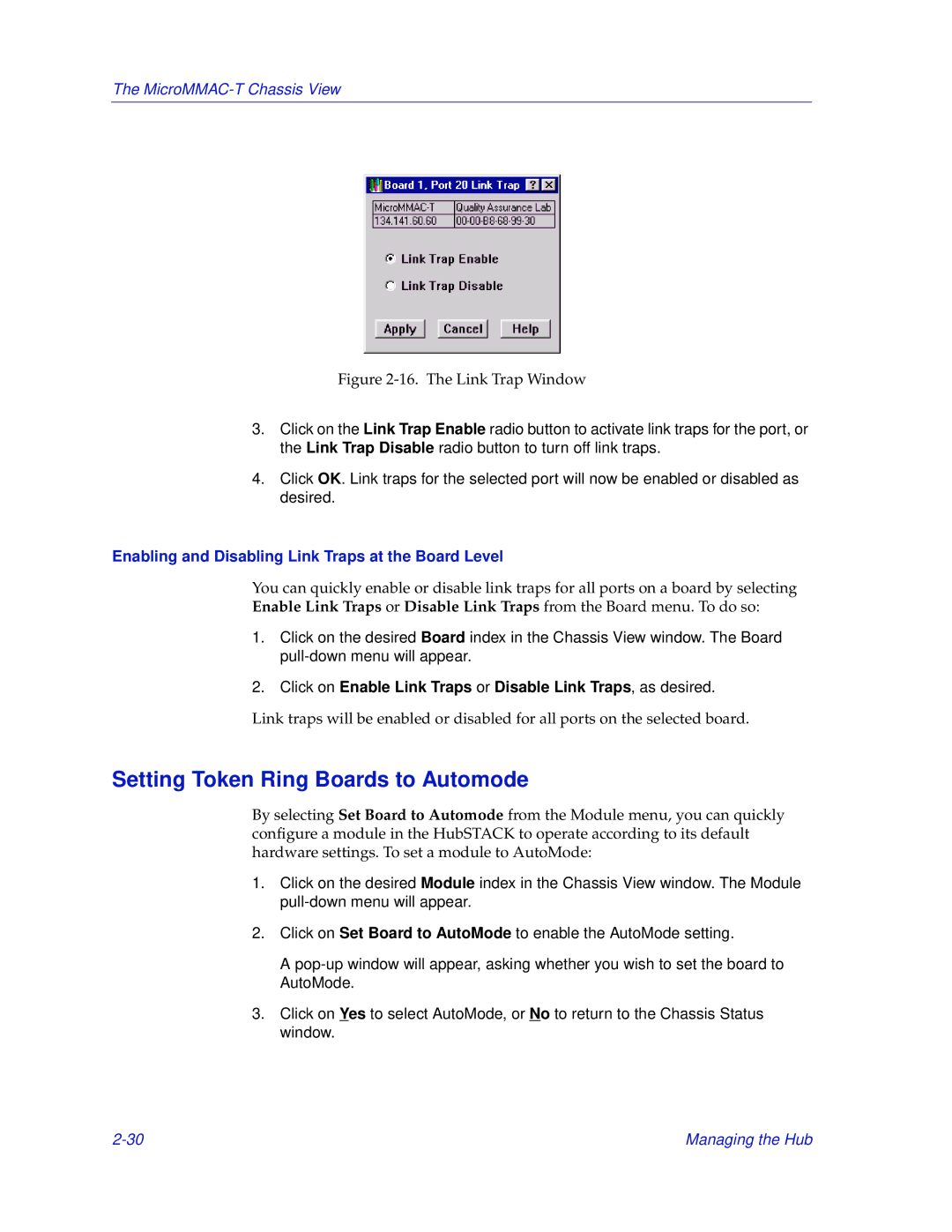 Enterasys Networks MicroMMAC-T Setting Token Ring Boards to Automode, Enabling and Disabling Link Traps at the Board Level 