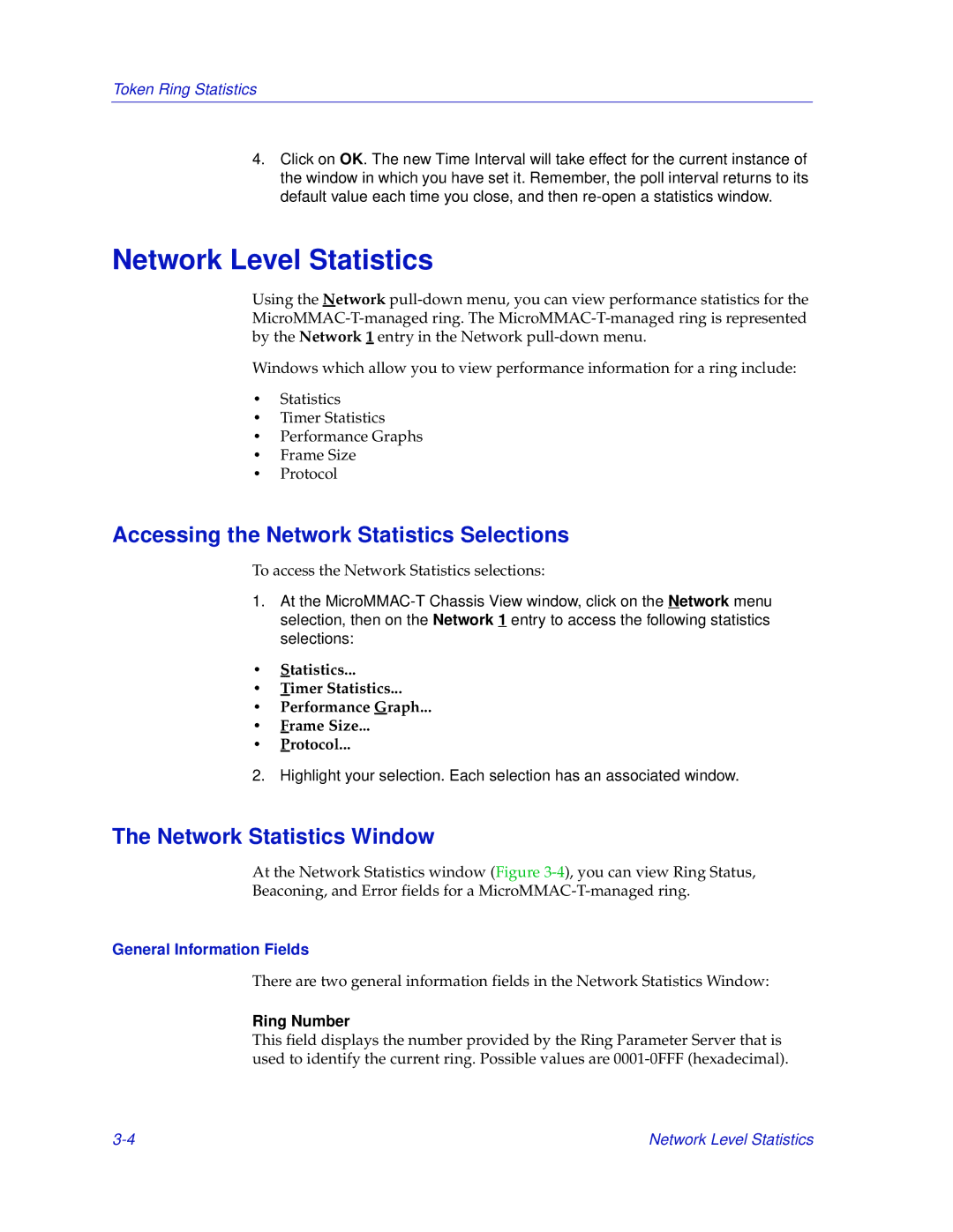 Enterasys Networks MicroMMAC-T manual Network Level Statistics, Accessing the Network Statistics Selections, Ring Number 