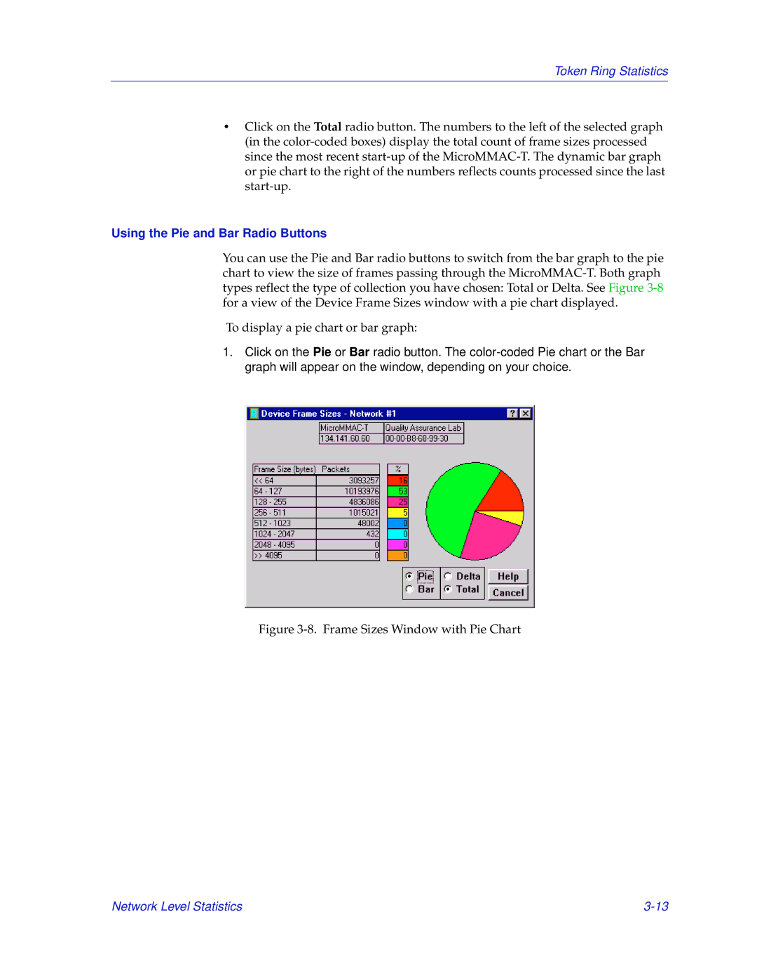 Enterasys Networks MicroMMAC-T manual Using the Pie and Bar Radio Buttons, Frame Sizes Window with Pie Chart 