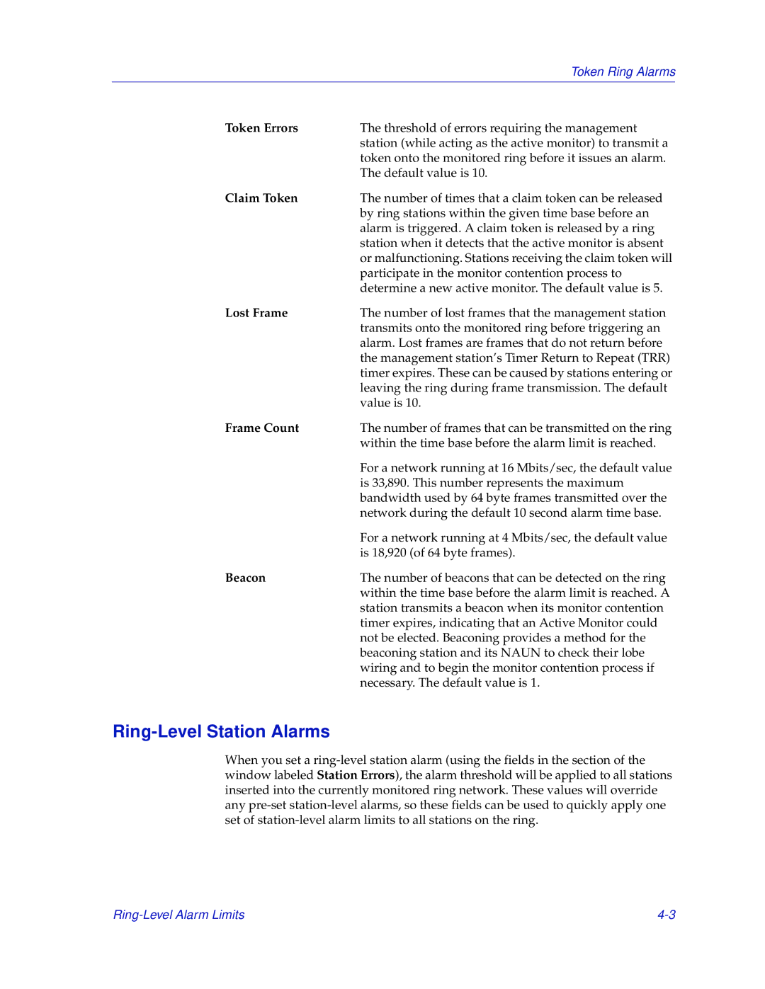 Enterasys Networks MicroMMAC-T manual Ring-Level Station Alarms, Token Errors 