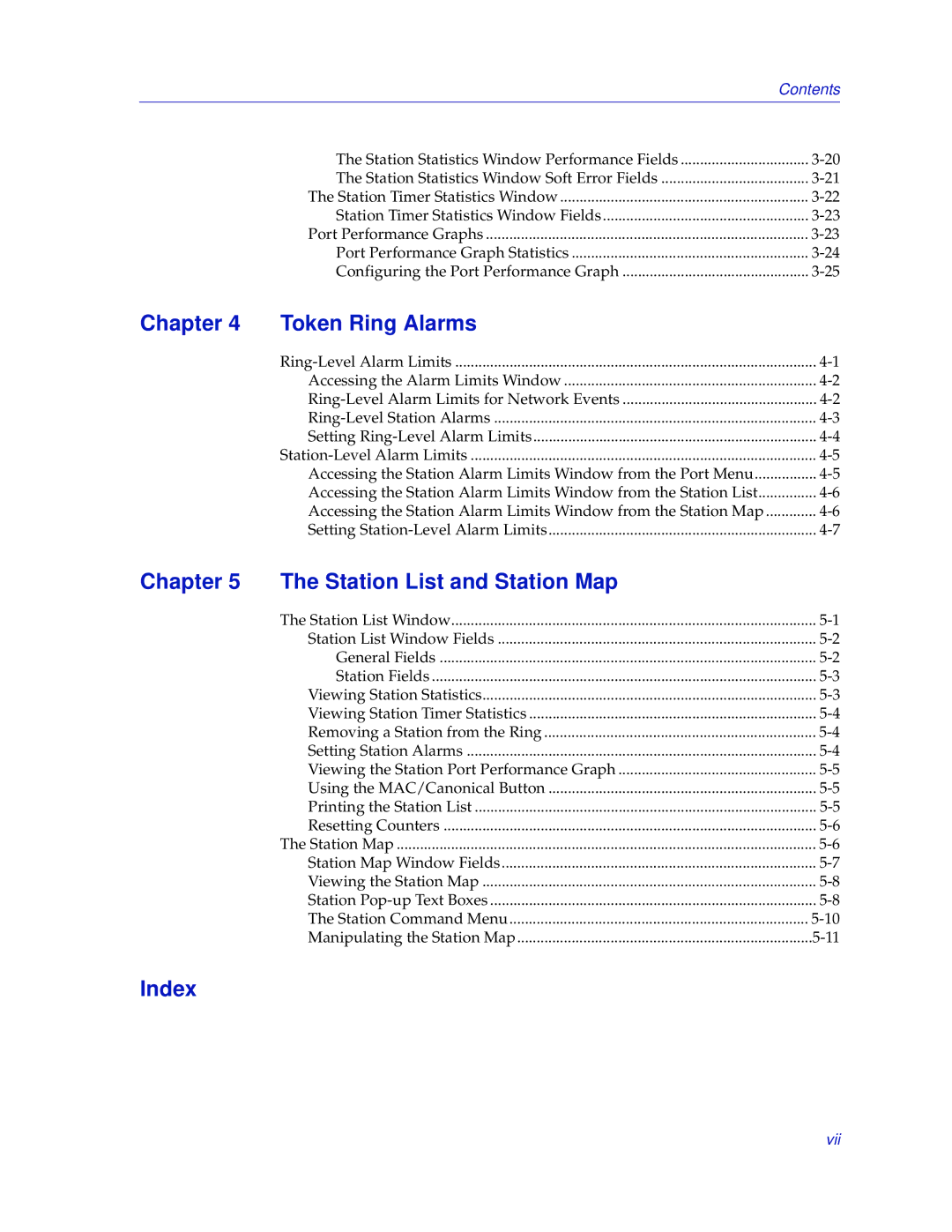 Enterasys Networks MicroMMAC-T manual Chapter Token Ring Alarms, Chapter Station List and Station Map, Index 