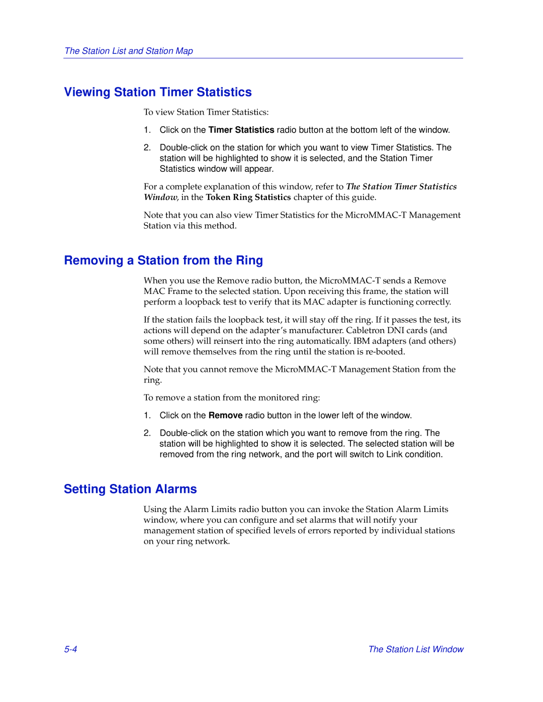 Enterasys Networks MicroMMAC-T Viewing Station Timer Statistics, Removing a Station from the Ring, Setting Station Alarms 