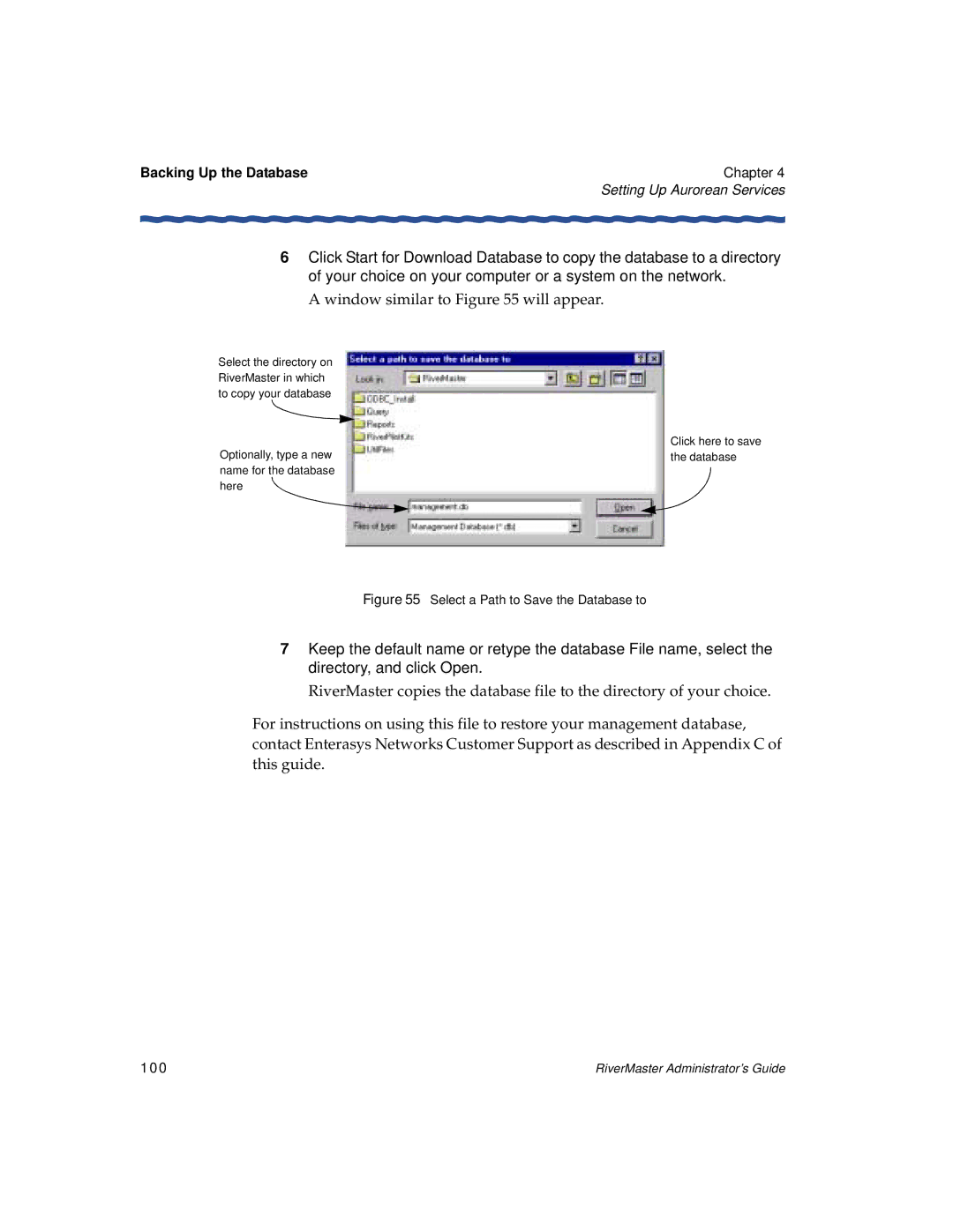 Enterasys Networks Network Card manual Window similar to will appear, Backing Up the Database, 100 