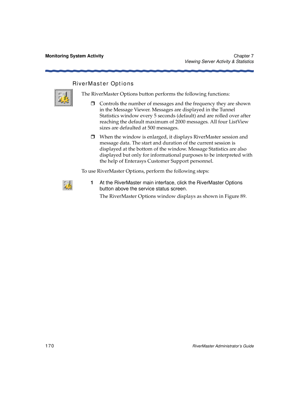 Enterasys Networks Network Card manual RiverMaster Options window displays as shown in Figure, 170 