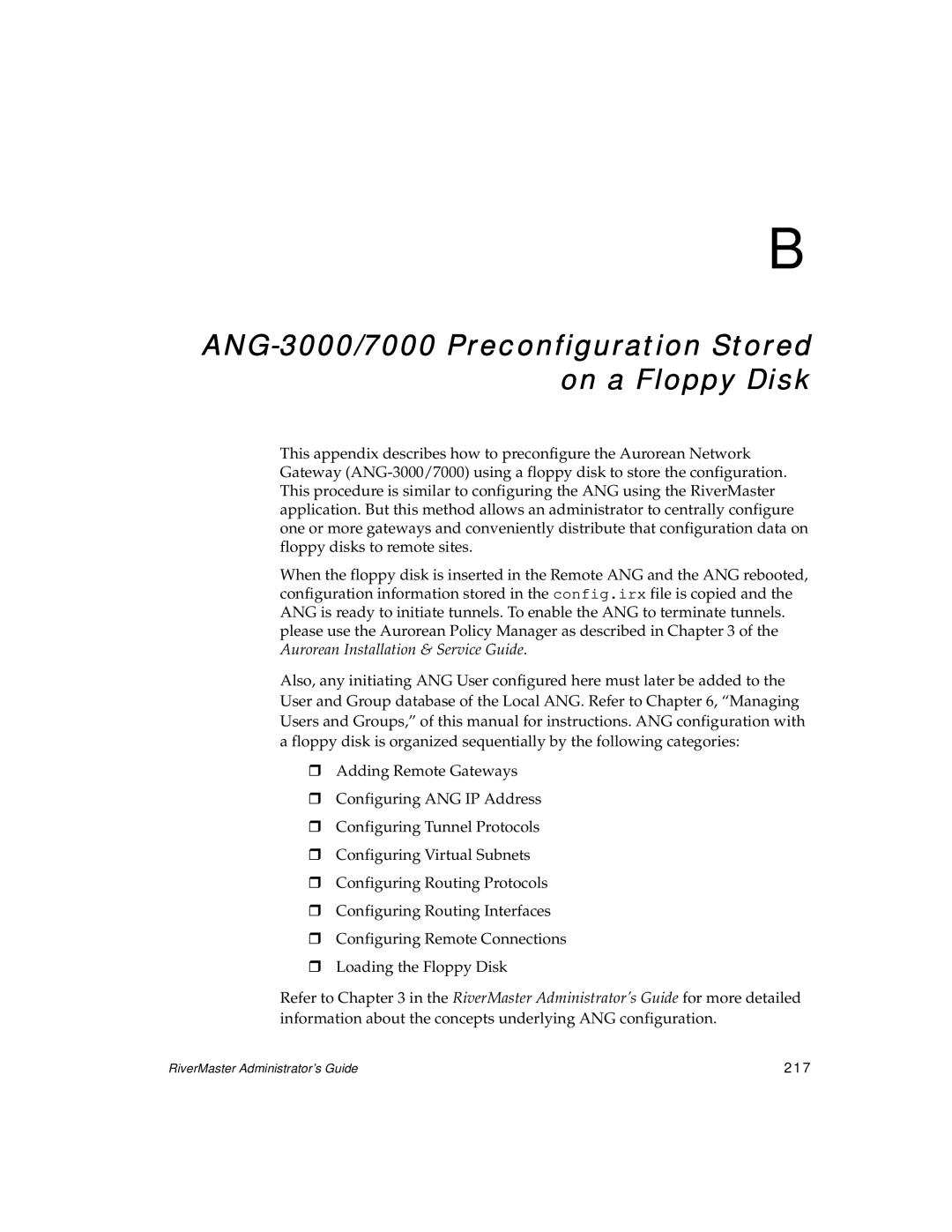 Enterasys Networks Network Card manual ANG-3000/7000 Preconfiguration Stored on a Floppy Disk, 217 