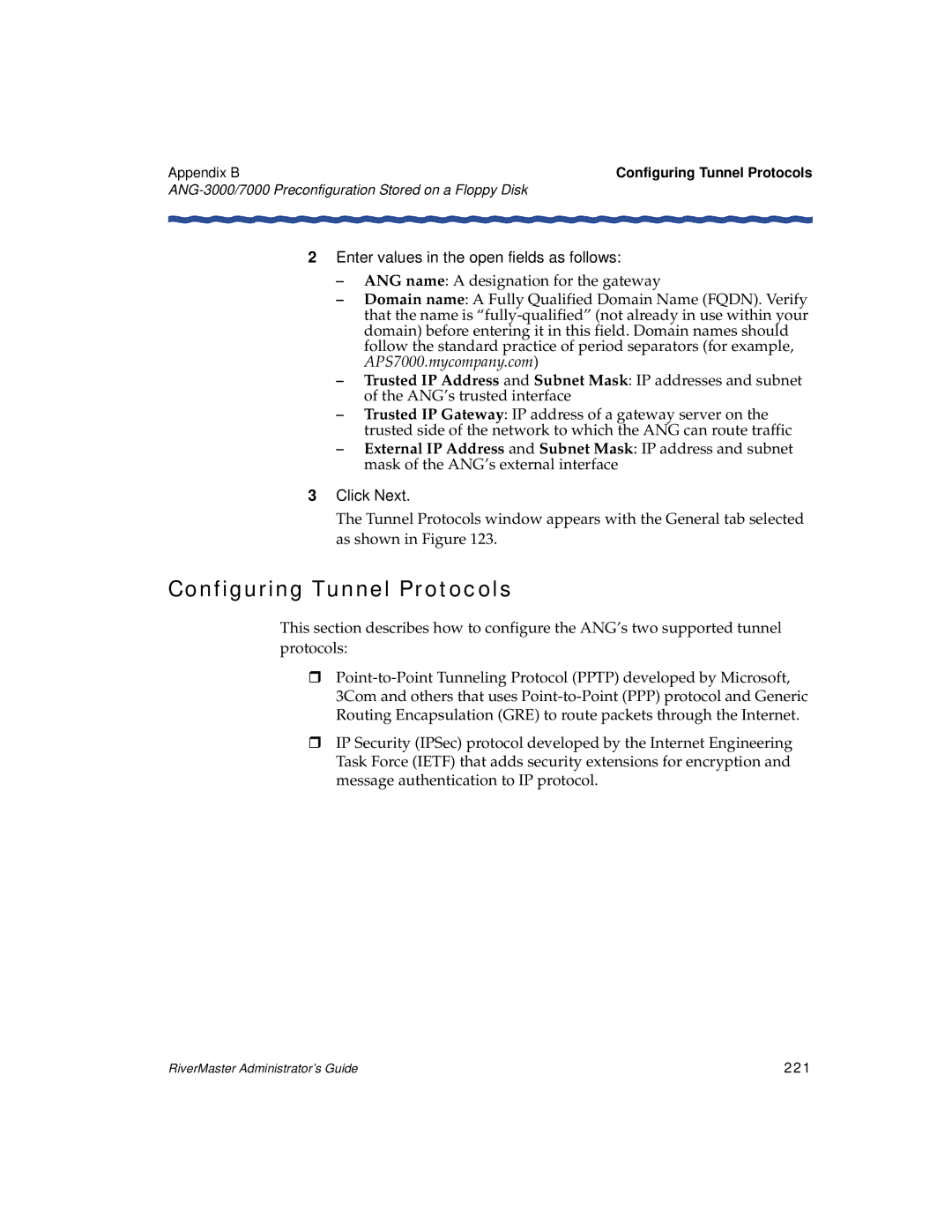 Enterasys Networks Network Card Configuring Tunnel Protocols, Enter values in the open fields as follows, Click Next, 221 