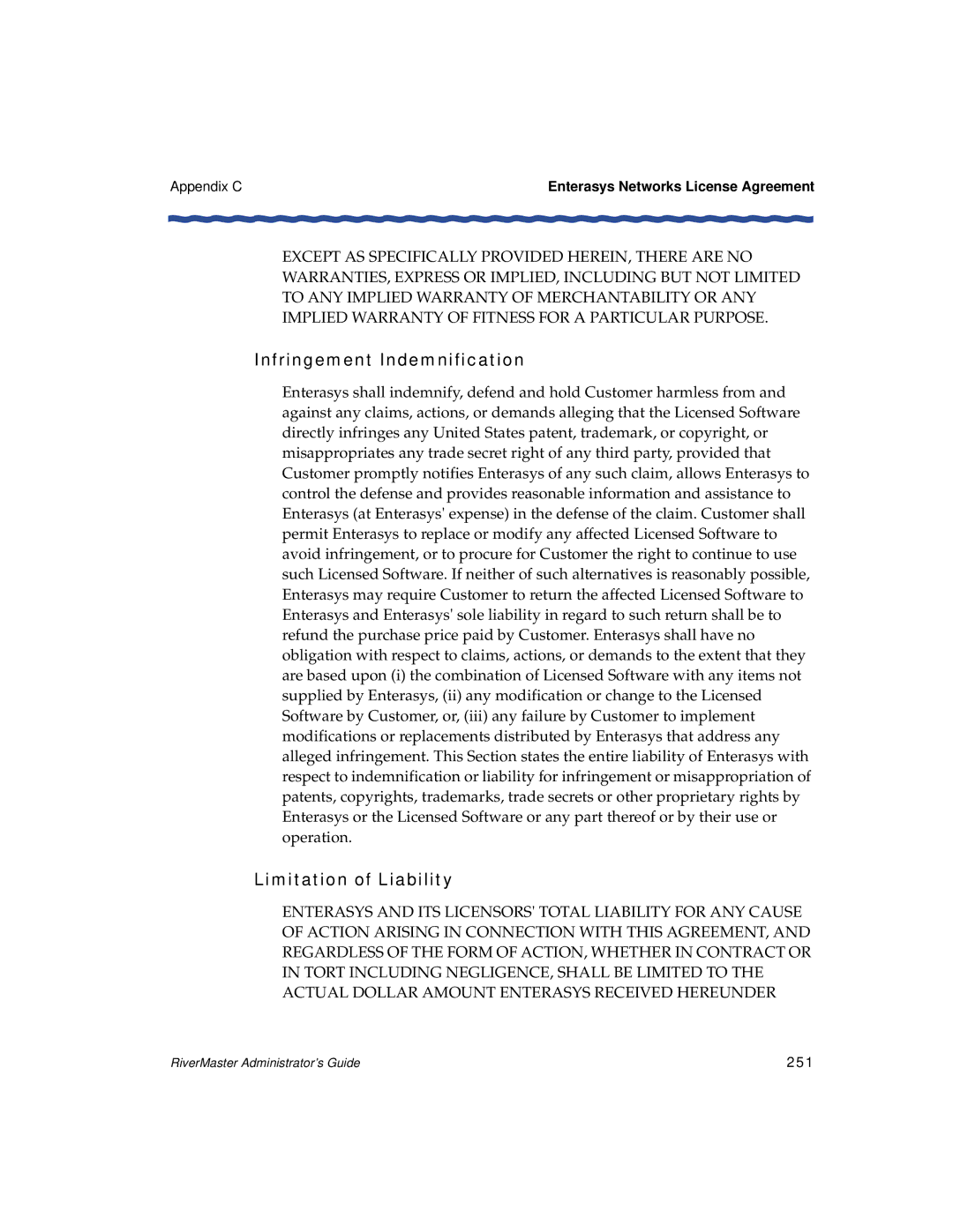 Enterasys Networks Network Card manual Infringement Indemnification, Limitation of Liability, Appendix C, 251 