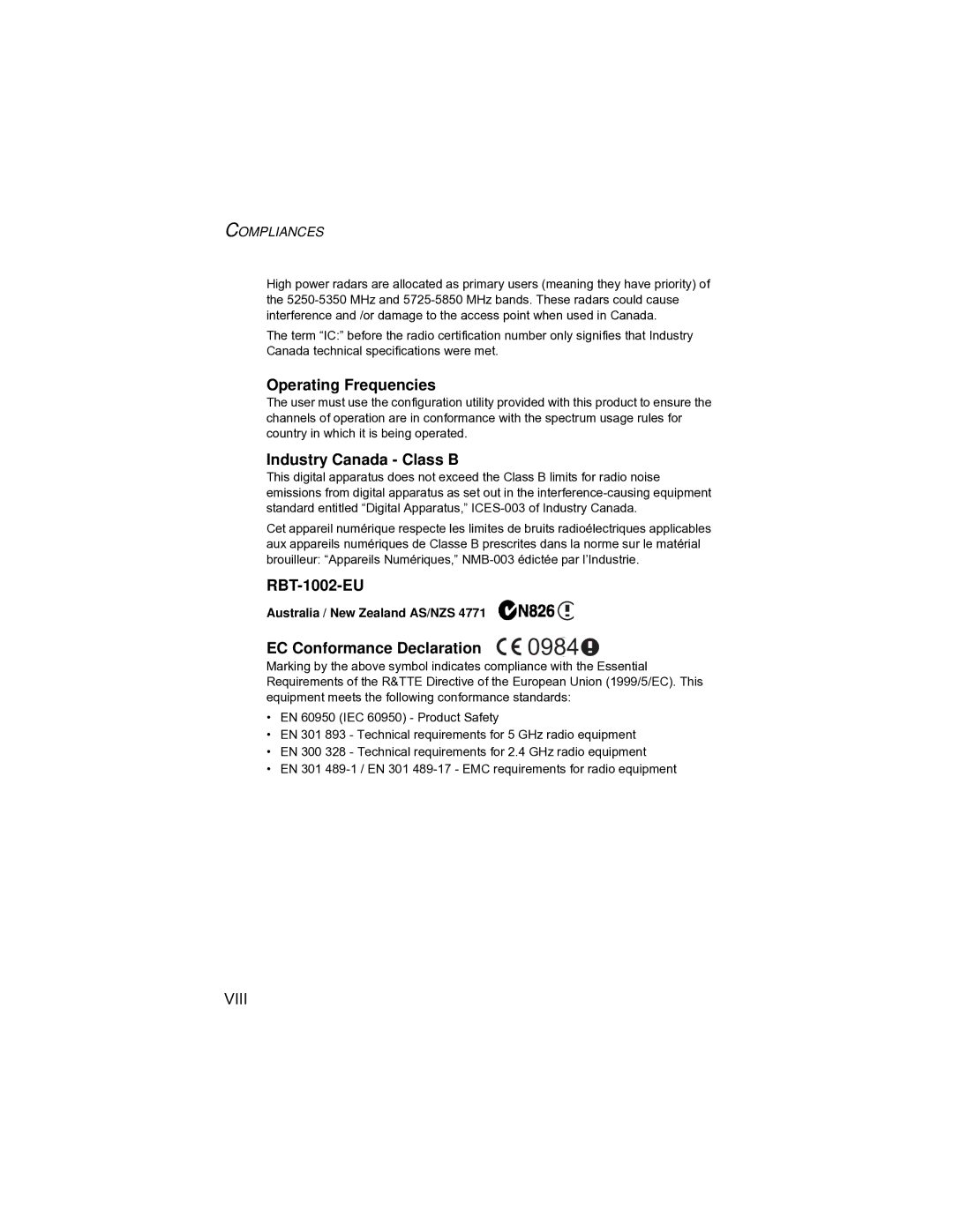 Enterasys Networks RBT-1002C-EU Operating Frequencies, Industry Canada Class B, RBT-1002-EU, EC Conformance Declaration 