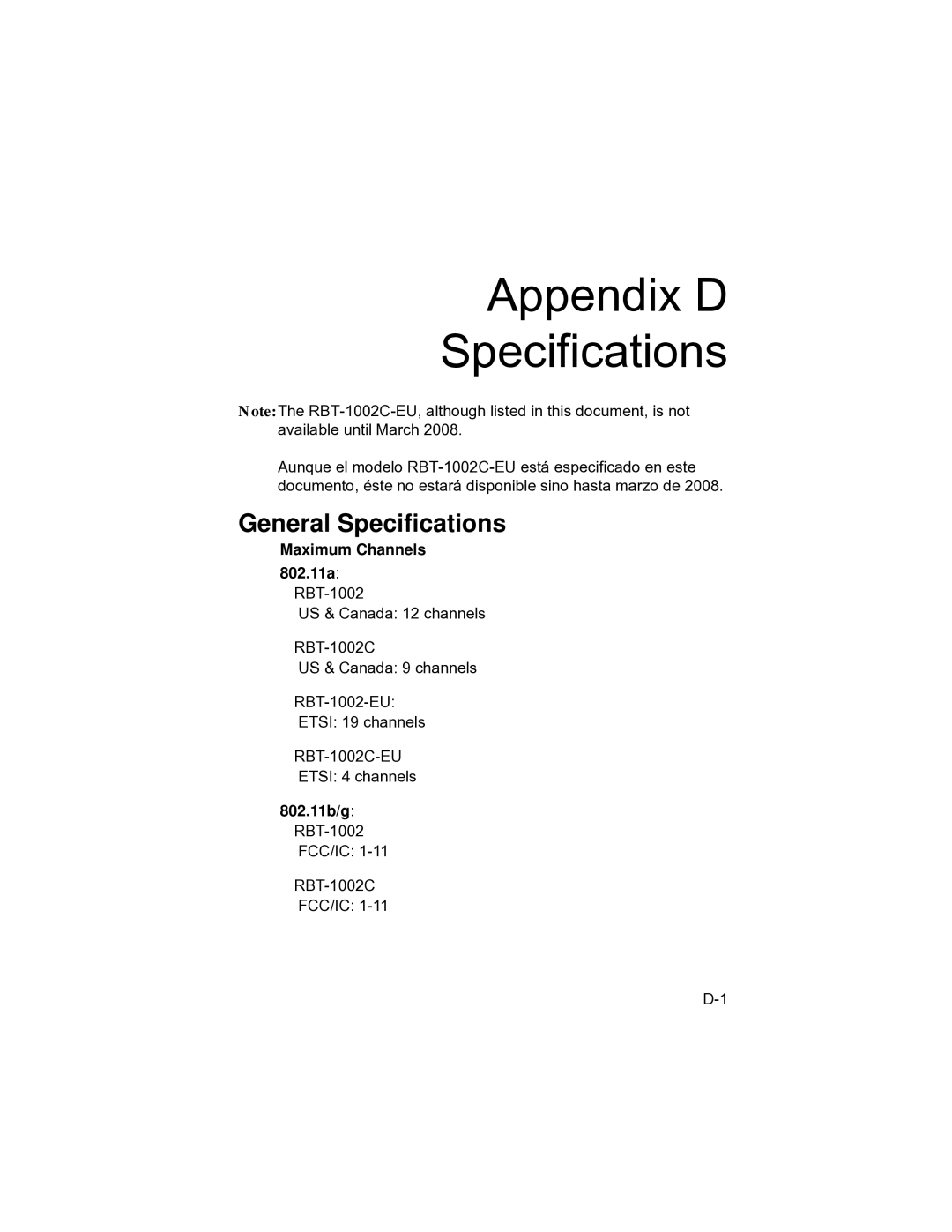Enterasys Networks RBT-1002C manual Appendix D Specifications, Maximum Channels 802.11a RBT-1002, 802.11b/g RBT-1002 FCC/IC 