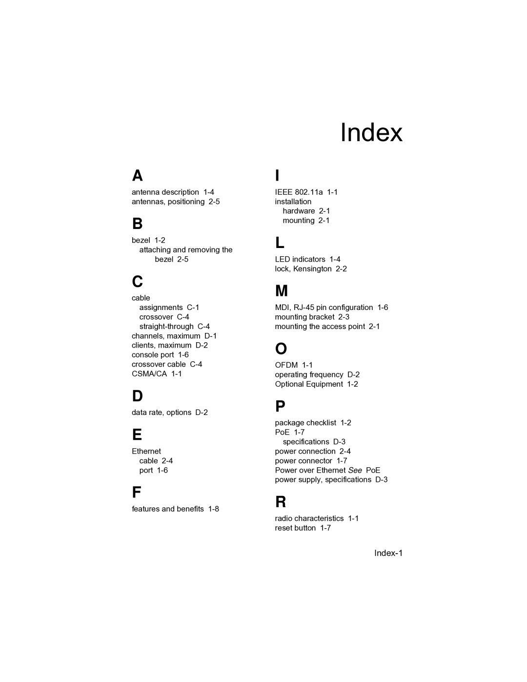 Enterasys Networks RBT-1002-EU, RBT-1002C-EU manual Index 