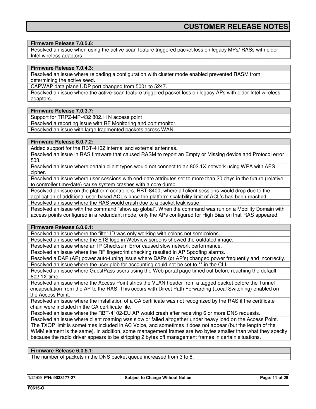 Enterasys Networks RBT-1002-EU, RBT-1602, TRPZ-MP-372-CN, RBT-8210, TRPZ-MP-422, TRPZ-MP-432, RBT3K-AG Customer Release Notes 