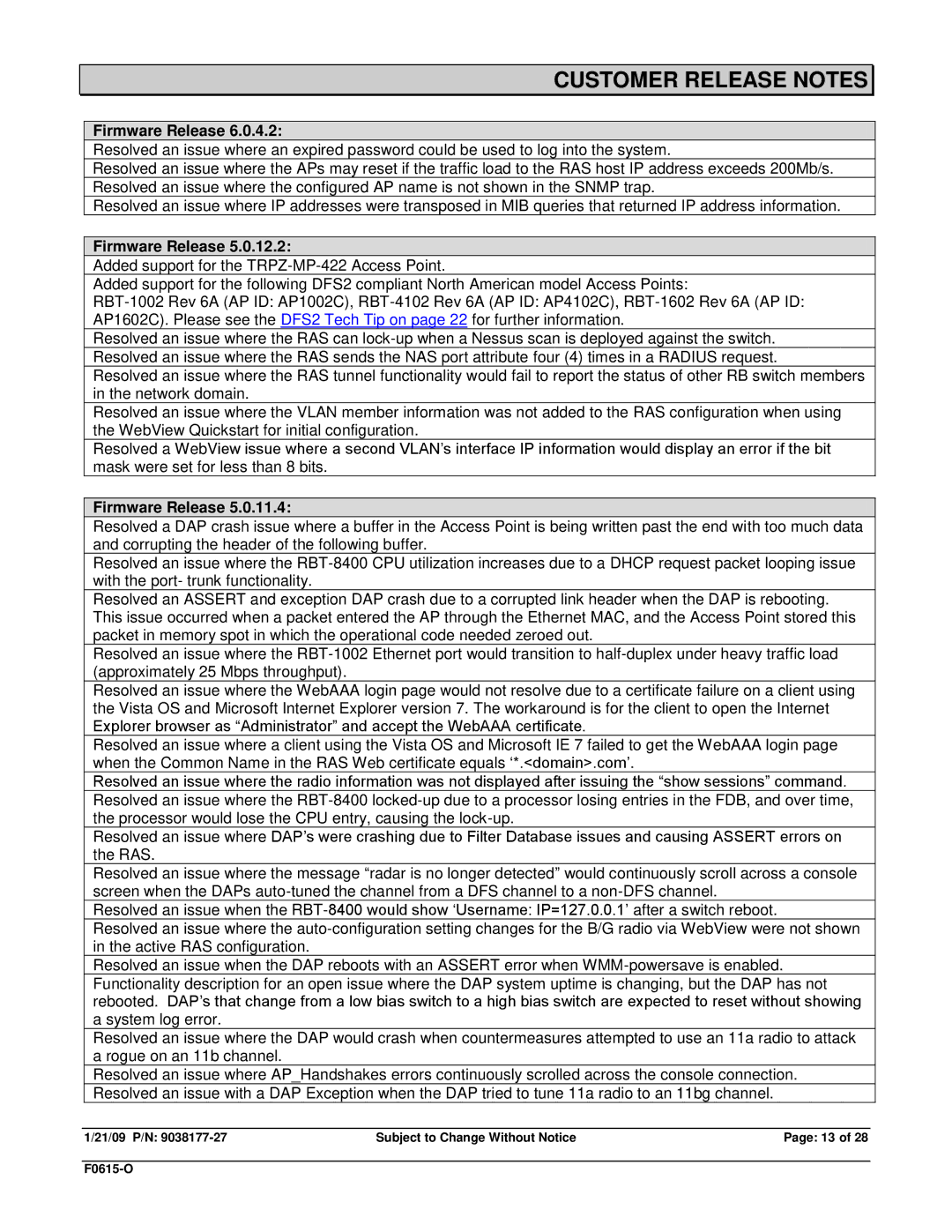 Enterasys Networks RBT-8210, RBT-1602, RBT-1002-EU, TRPZ-MP-372-CN, TRPZ-MP-422, TRPZ-MP-432, RBT3K-AG Customer Release Notes 