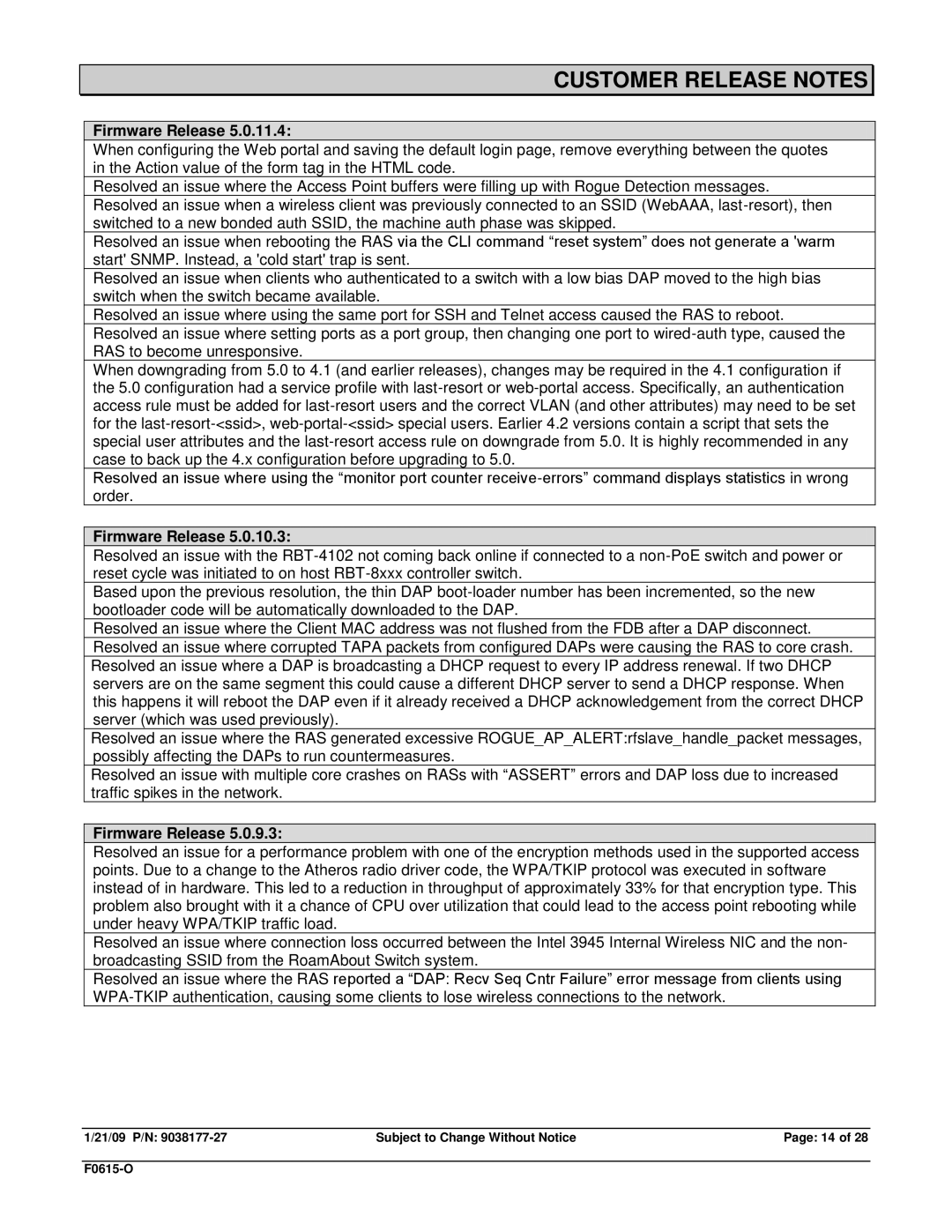 Enterasys Networks TRPZ-MP-422, RBT-1602, RBT-1002-EU, TRPZ-MP-372-CN, RBT-8210, TRPZ-MP-432, RBT3K-AG Customer Release Notes 