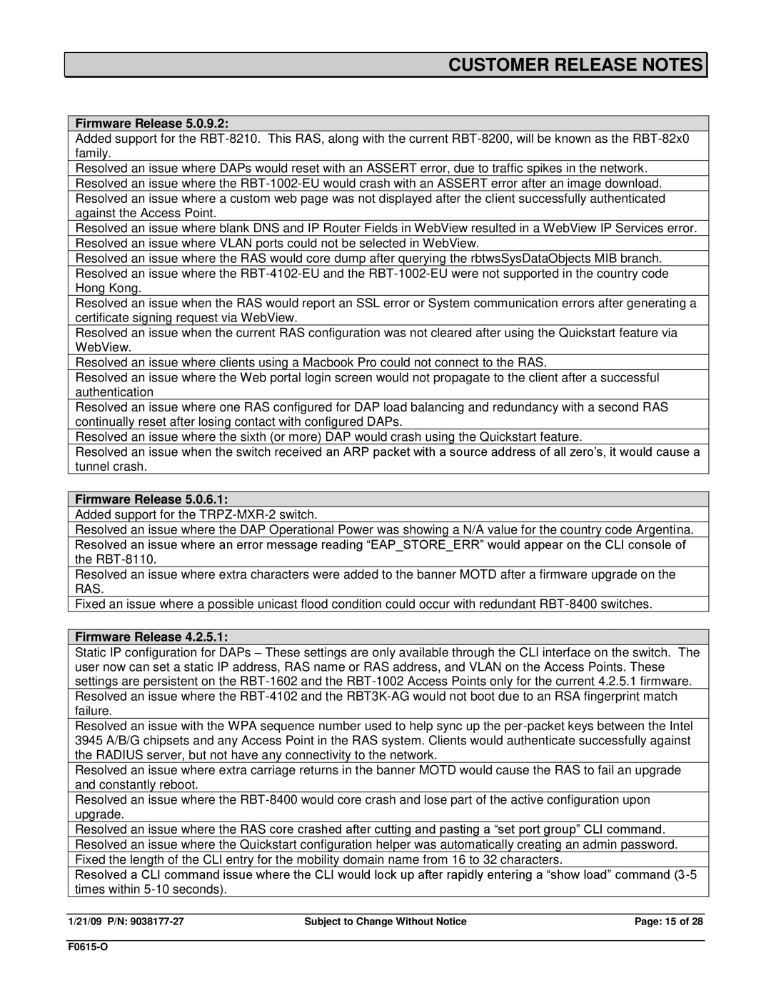 Enterasys Networks TRPZ-MP-432, RBT-1602, RBT-1002-EU, TRPZ-MP-372-CN, RBT-8210, TRPZ-MP-422, RBT3K-AG Customer Release Notes 