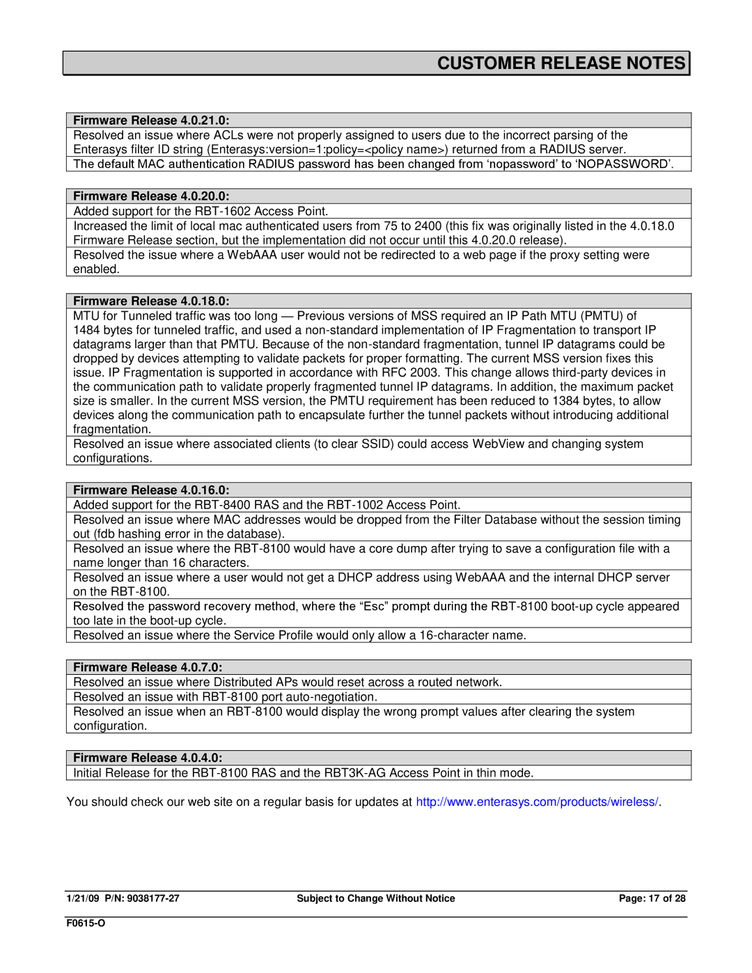 Enterasys Networks RBT-4102-BG, RBT-1602, RBT-1002-EU, TRPZ-MP-372-CN, RBT-8210, TRPZ-MP-422, RBT3K-AG Customer Release Notes 