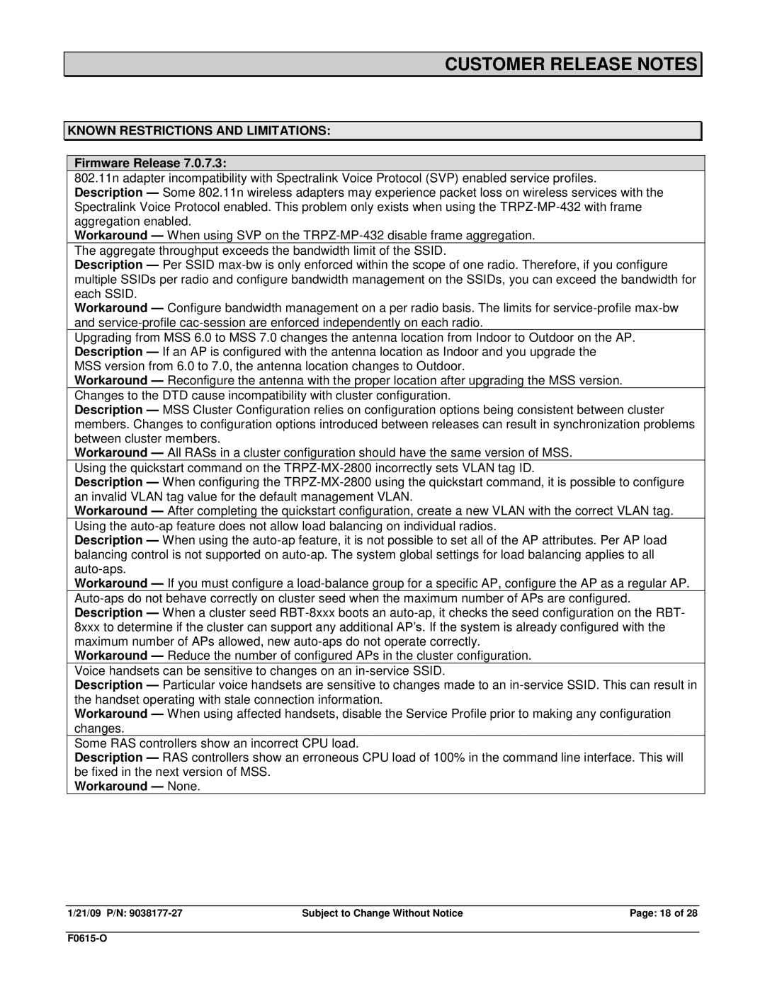 Enterasys Networks RBT3K-AG, RBT-1602, RBT-1002-EU, TRPZ-MP-372-CN manual Known Restrictions and Limitations, Workaround None 