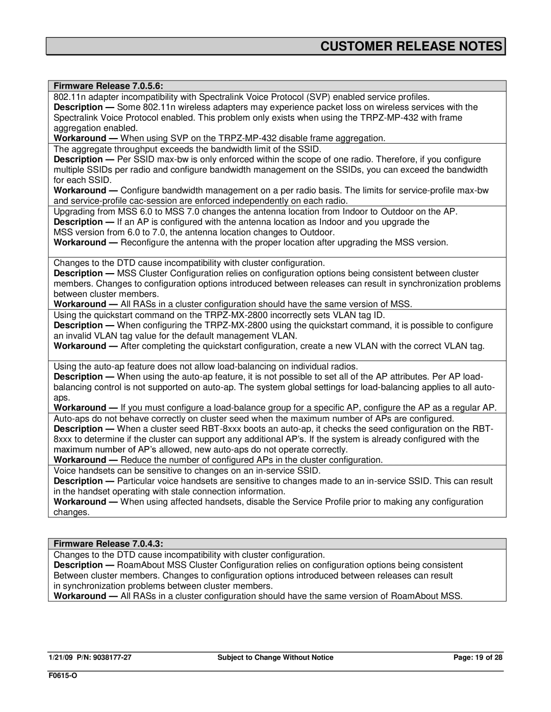 Enterasys Networks TRPZ-MP-372-IL, RBT-1602, RBT-1002-EU, TRPZ-MP-372-CN, RBT-8210, TRPZ-MP-422 manual Customer Release Notes 