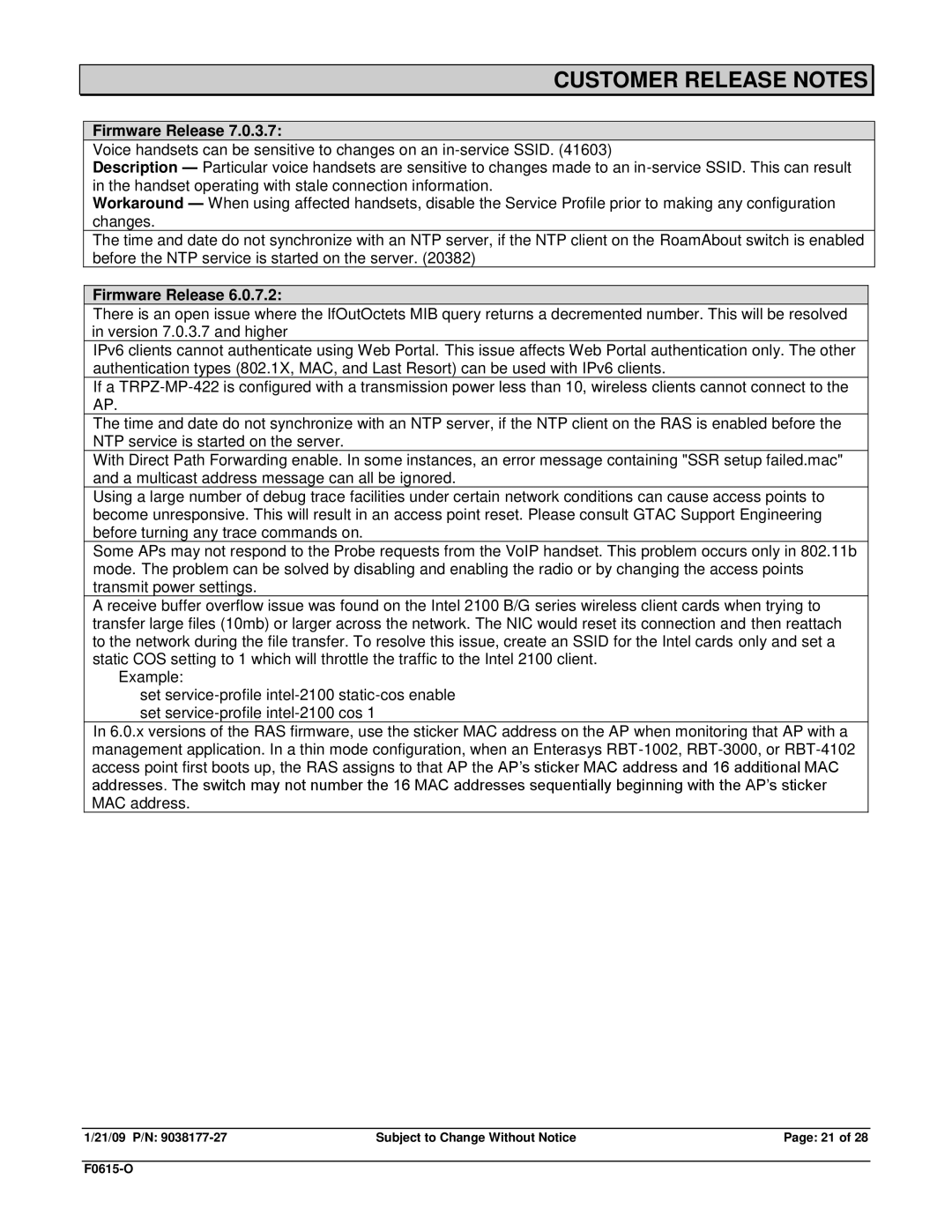 Enterasys Networks RBT-1002-EU, RBT-1602, TRPZ-MP-372-CN, RBT-8210, TRPZ-MP-422, TRPZ-MP-432, RBT3K-AG Customer Release Notes 