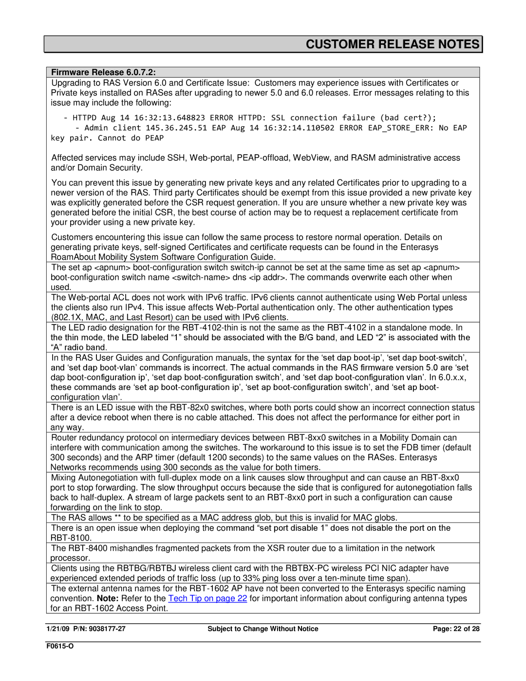 Enterasys Networks TRPZ-MP-372-CN, RBT-1602, RBT-1002-EU, RBT-8210, TRPZ-MP-422, TRPZ-MP-432, RBT3K-AG Customer Release Notes 