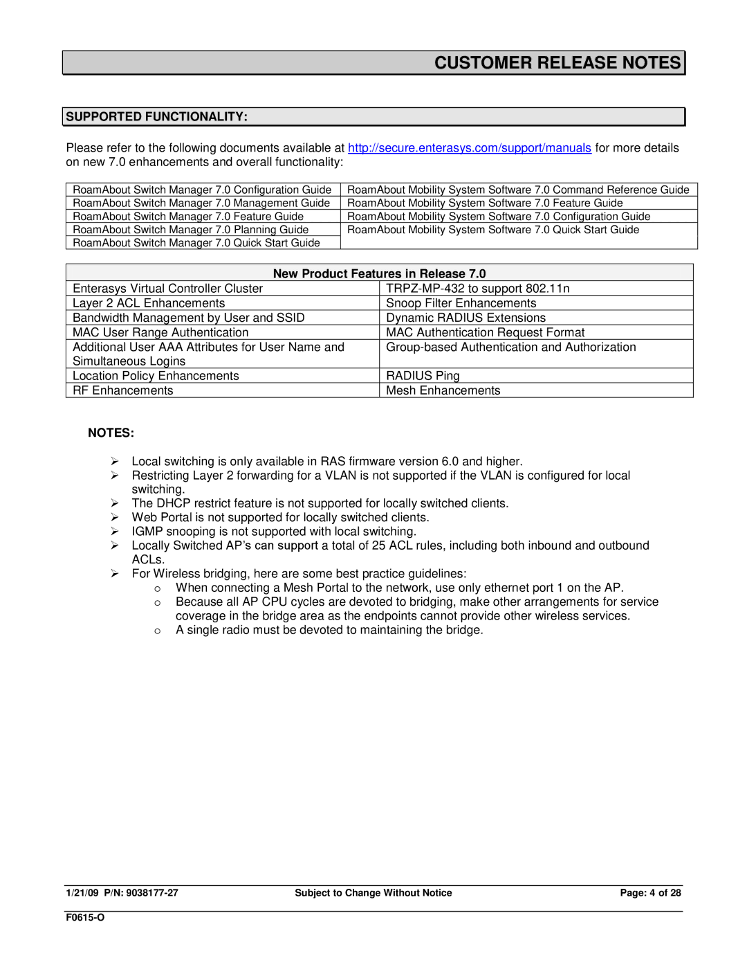 Enterasys Networks TRPZ-MP-422, RBT-1602, RBT-1002-EU, RBT-8210 Supported Functionality, New Product Features in Release 