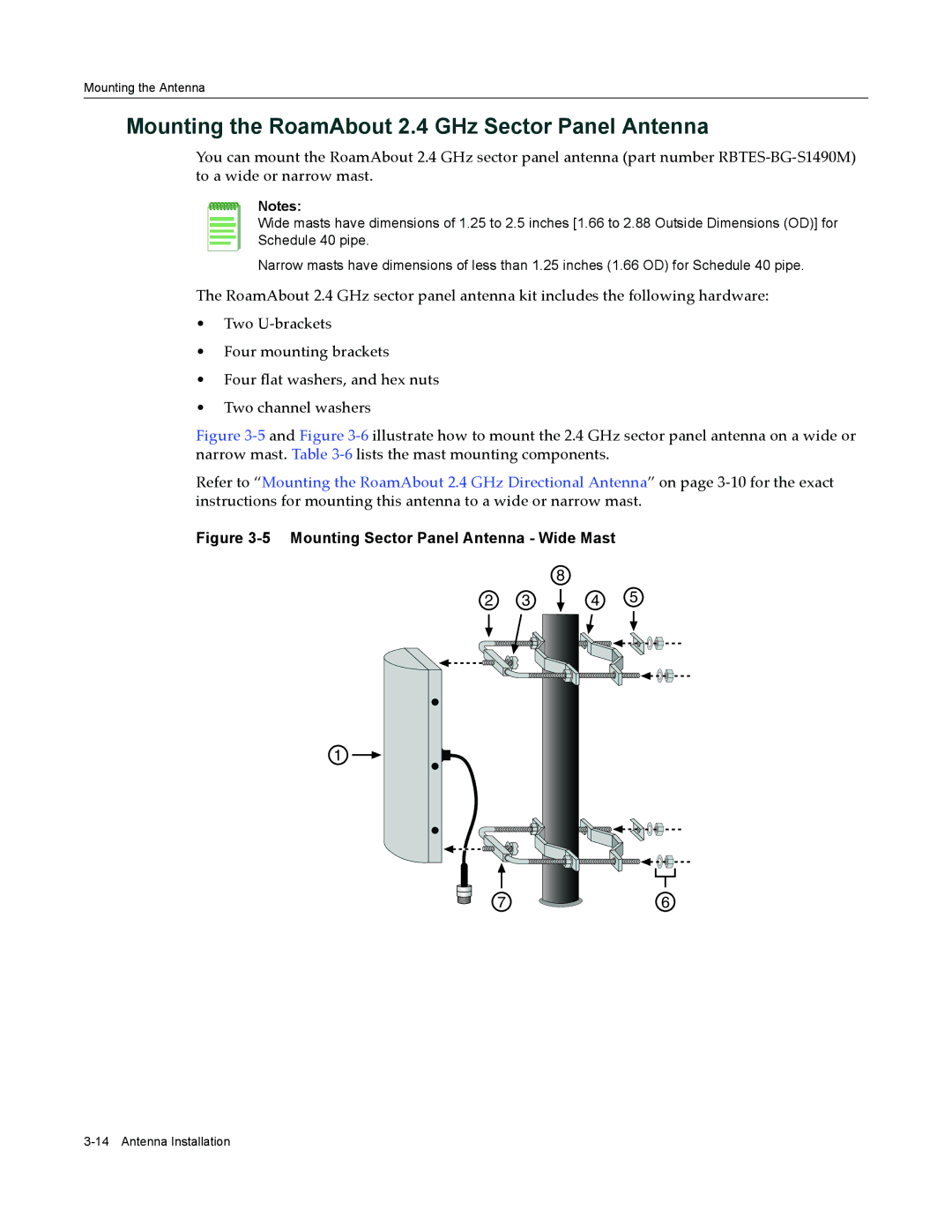 Enterasys Networks RBT-1602 Mounting the RoamAbout 2.4 GHz Sector Panel Antenna, Mounting Sector Panel Antenna Wide Mast 