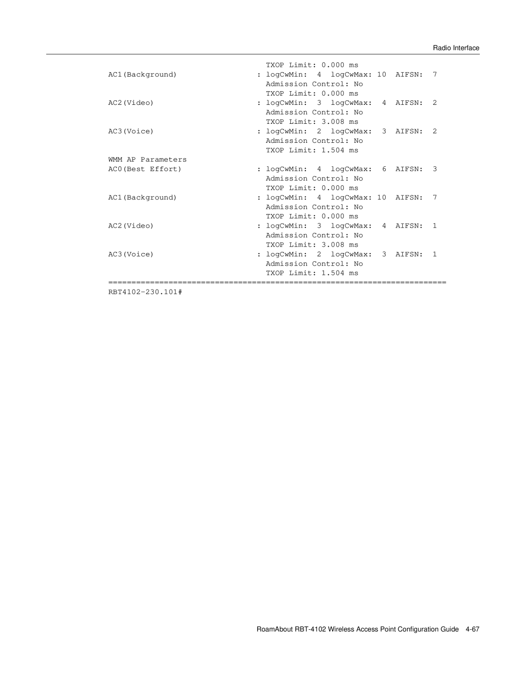 Enterasys Networks RBT-4102 manual AC1Background Txop Limit 0.000 ms 