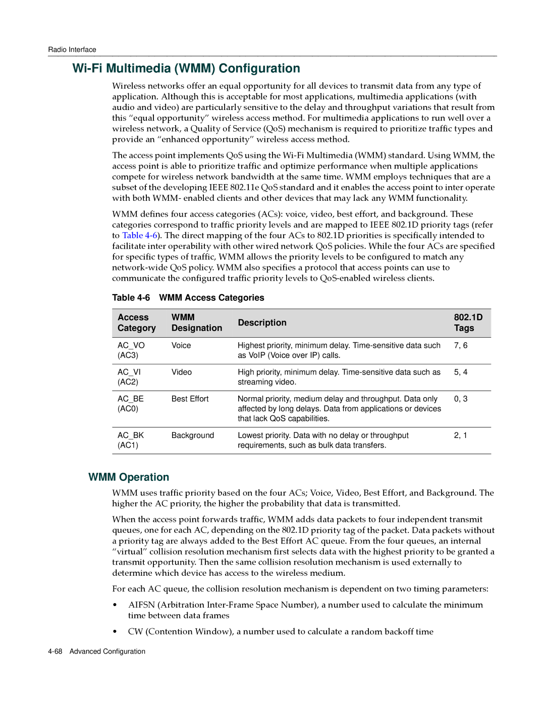 Enterasys Networks RBT-4102 manual Wi-Fi Multimedia WMM Configuration, WMM Operation 